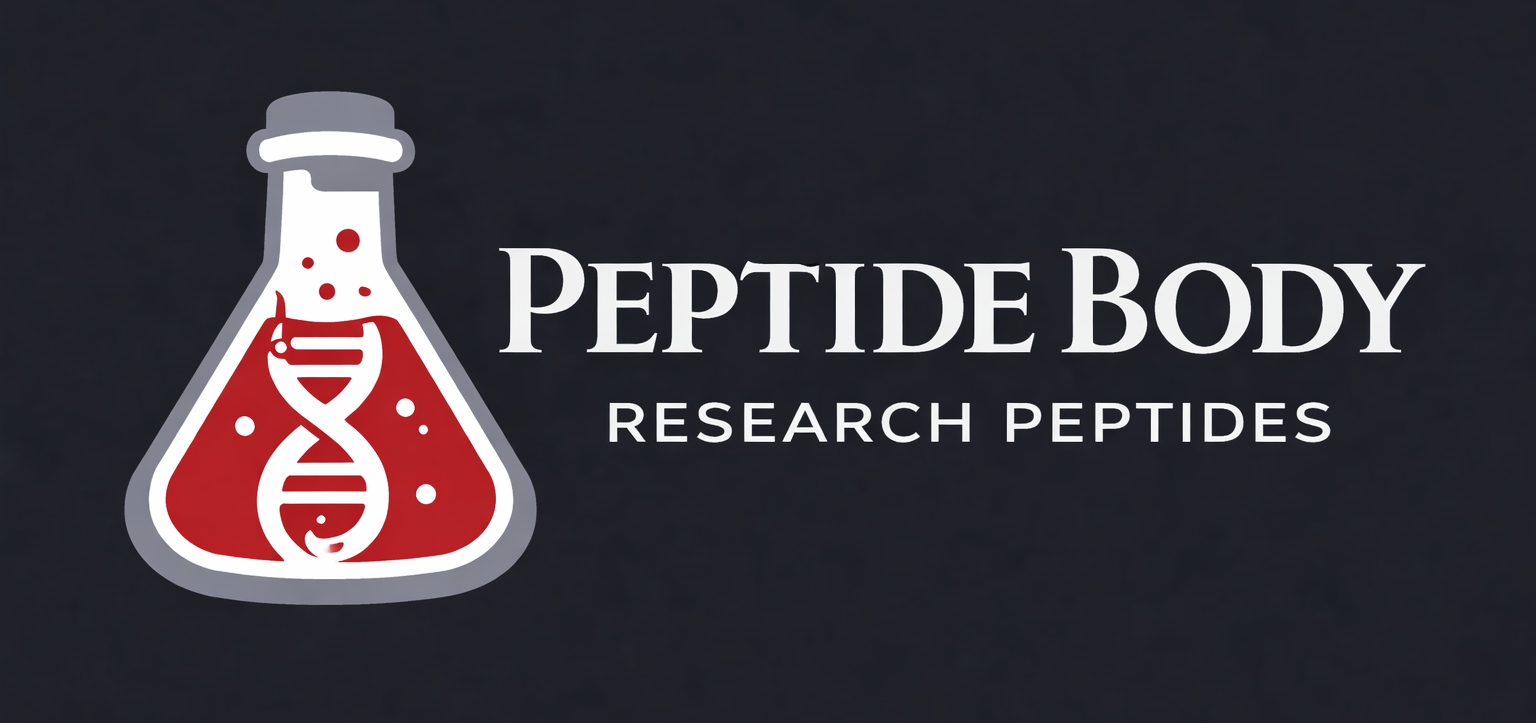 Peptide Body research peptides logo featuring a laboratory flask and DNA symbol